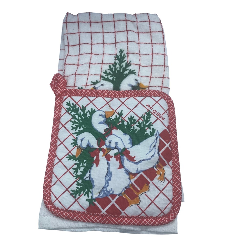 Vintage 1986 RAB Country Goose‎ Kitchen Towel and Pot Holder Set Red White 80s